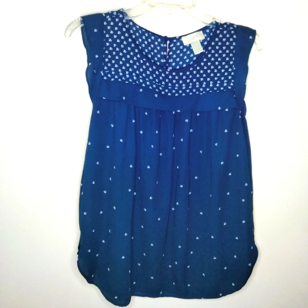 Loft (Size S) Navy Blue & White Print Butterfly Cap Sleeves Blouse